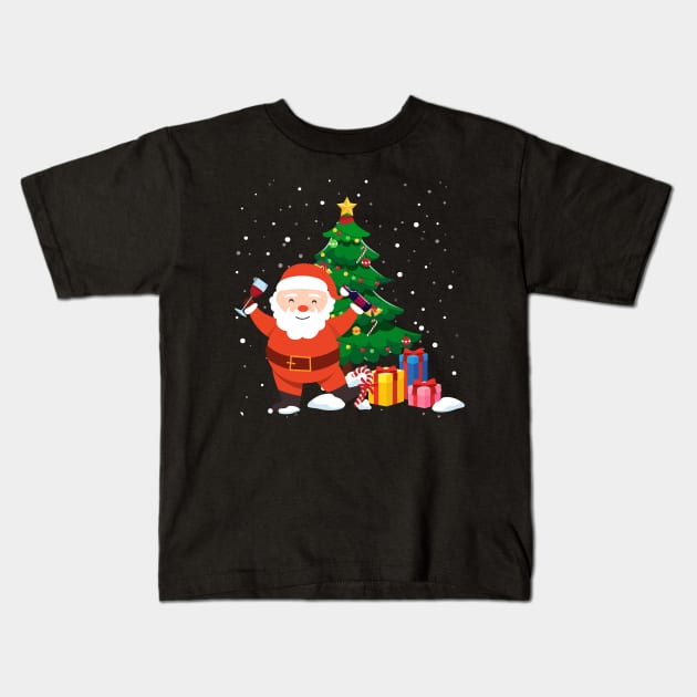 Funny Santa Drinking Wine Christmas Tree Kids T-Shirt by maximel19722